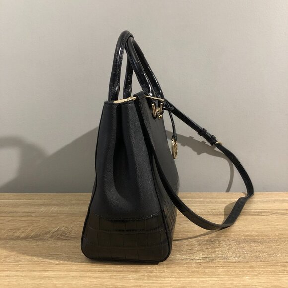 Michael Kors Kellen Black Embossed Leather Medium Satchel Luggage Handbag - Picture 3 of 16